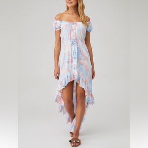 Tiare Hawaii, Riviera Tie-Dye Ruffle High-Low Dress, Size XS | 0239